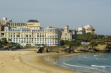 The beach with the congress center in the background, Biarritz, Cote Basque, Basque country, Pyrenees-Atlantiques, Aquitaine, France, Europe