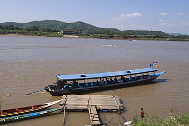 Boat on Mekong River, taken from Laos to Thailand on the opposite bank, Laos, Indochina, Southeast Asia, Asia