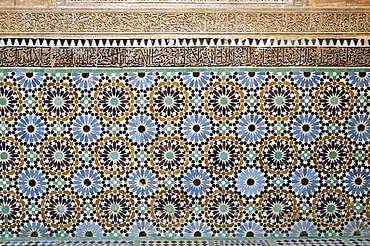 Architectural detail of traditional zelliges and frieze, Marrakesh, Morocco, North Africa, Africa