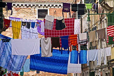 Washing lines hanging across the street, Castello Quarter, Venice, Veneto, Italy, Europe 