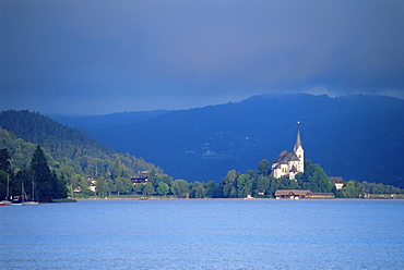 View of church at Maria Worth, Lake Worther, Carinthia, Austria, Europe