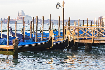 Gondals moored at waterfront, Riva degli Schiavoni, with view to San Giorgio Maggiore, Venice, UNESCO World Heritage Site, Veneto, Italy, Europe