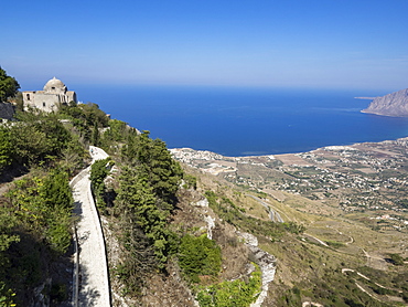 San Giovanni Church and view of coastline from Town Walls, Erice, Sicily, Italy, Mediterranean, Europe