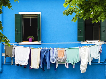 Washing on the line, Burano, Venice, Veneto, Italy, Europe