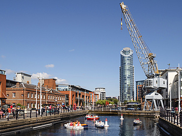 Canalside with Dock Crane and No. 1 (Lipstick) Tower, Gunwharf Quays, Portsmouth, Hampshire, England, United Kingdom, Europe