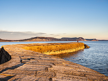 People at the end of The Cobb enjoying the evening light, Lyme Regis, Dorset, England, United Kingdom, Europe