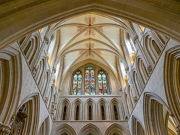 Vaulted ceiling and stained glass windows, Wells Cathedral, Wells, Somerset, England, United Kingdom, Europe