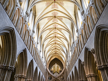 Scisssor arch and ceiling, The Cathedral, Wells, Somerset, England, United Kingdom, Europe