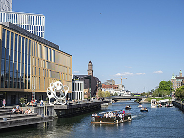 Boats on the river outside the Congress Hall, Waterfront, Malmo, Sweden, Scandinavia, Europe