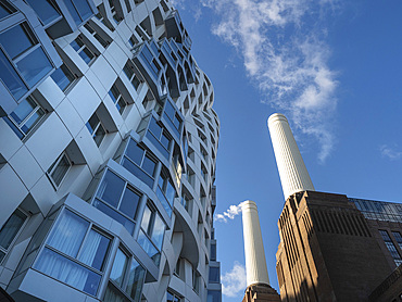 Frank Gehry Apartments and Power Station chimneys, Battersea, London, England, United Kingdom, Europe