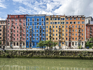 Coloured houses along the River Nervion as seen from the Market, Bilbao, Basque Country, Spain, Europe