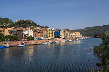 River Temo and the colourful town of Bosa with a fortress on the hill, Sardinia, Italy, Europe