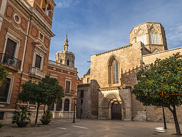 Romanesque Puerta de la Almoina (Alm’s Door), the Cathedral, Placa de l'Almoina with orange tree, Valencia, Spain, Europe