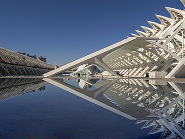Reflection of the Museu de les Ciences, Science Museum, City of Arts and Sciences, Valencia, Spain, Europe