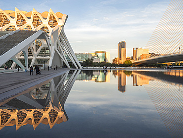 Evening light on the Science Museum and City skyline, City of Arts and Sciences, Valencia, Spain, Europe