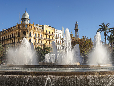 Fountains in the Town Hall Square, Plaza del Ajuntamiento, Valencia, Spain, Europe