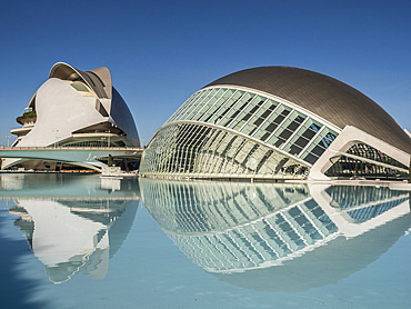 Palau de les Artes and Hemisferic with reflections, City of Arts and Sciences, Valencia, Spain, Europe