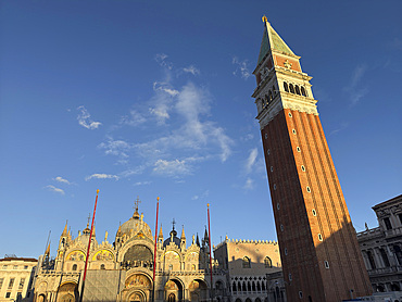 Evening light on the Campanile and Basilica, St Marks Square, Venice, Italy, Europe