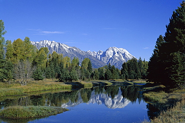 Teton mountains looking towards Schwabacher's Landing, Grand Teton National Park, Wyoming, United States of America (U.S.A.), North America