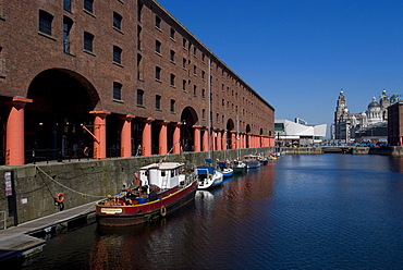 Albert Dock with view of the Three Graces on the riverfront, and new Museum of Liverpool in the background, Liverpool, Merseyside, England, United Kingdom, Europe