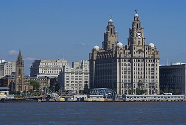 View of the Liverpool skyline and the Liver Building, from the Mersey ferry, Liverpool, Merseyside, England, United Kingdom, Europe