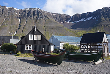 Old boats and houses at Isafjordur, West Fjords, Iceland, Polar Regions