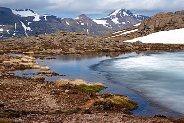 Ice melting on a mountain pass, Strandir, West Fjords, Iceland, Polar Regions