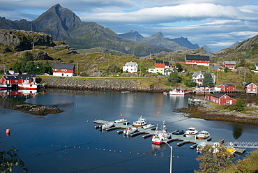 View of Sund Harbour, Lofoten Islands, Nordland, Norway, Scandinavia, Europe