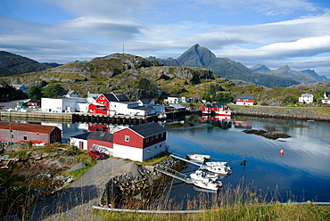 View of Sund Harbour, Lofoten Islands, Nordland, Norway, Scandinavia, Europe