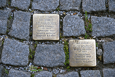 Stolpersteine plaques with names of concentration camp victims embedded in the pavement, Salzburg, Austria, Europe