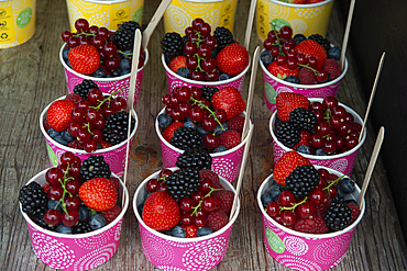 Summer berries at the Fish Market, Bergen, Norway, Scandinavia, Europe