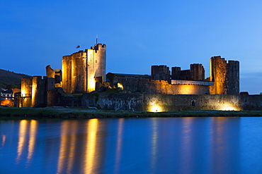 Caerphilly Castle at dusk, Wales, Gwent, United Kingdom, Europe