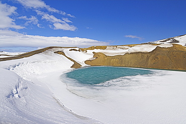 Snow covered frozen Viti (Hell) crater near Krafla power plant, Lake Myvatn, North area, Iceland, Polar Regions