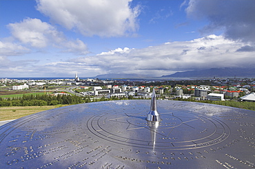 City centre and Hallgrimskirkja on skyline from Perlan viewing deck, Reykjavik, Iceland, Polar Regions