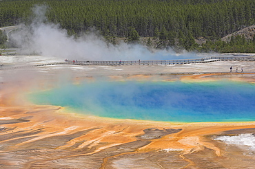 Grand Prismatic Spring and Excelsior Pool behind, Midway Geyser Basin, Yellowstone National Park, UNESCO World Heritage Site, Wyoming, United States of America, North America