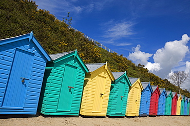 Multicoloured beach huts on the long sweeping beach of Llanbedrog, Llyn Peninsula, Gwynedd, North Wales, Wales, United Kingdom, Europe