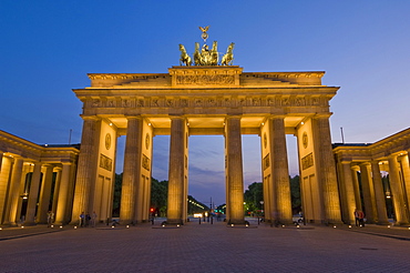 The Brandenburg Gate with the Quadriga winged victory statue on top illuminated at night, Pariser Platz, Berlin, Germany, Europe