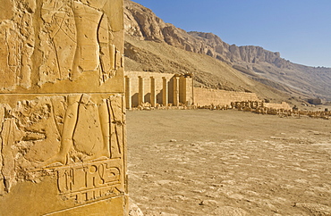 Hieroglyphics in relief on a column on the second terrace of the Temple of Hatshepsut, Deir el Bahari, West bank of the River Nile, Thebes, UNESCO World Heritage Site, Egypt, North Africa, Africa