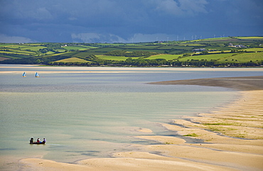 Small boats in the River Camel estuary near the Town bar sand bar, Padstow, North Cornwall, England, United Kingdom