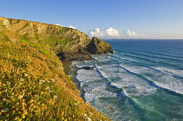 Evening light on Carnewas island, beach and rugged coastline at Bedruthan Steps, North Cornwall, England, United Kingdom, Europe