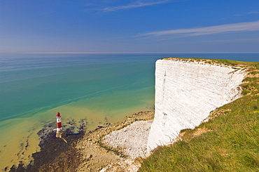 Beachy Head lighthouse, white chalk cliffs and English Channel, East Sussex, England, United Kingdom, Europe