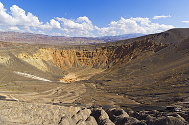 Looking down into Ubehebe crater, a Maar volcano, caused by groundwater contacting hot magma or lava, Death Valley National Park, California, United States of America, North America