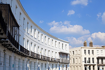 Terrace of Regency style Georgian houses with wrought iron balconies on The Royal Crescent, Cheltenham Spa, Gloucestershire, England, United Kingdom, Europe