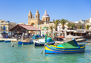 Marsaxlokk Harbour, Our Lady of Pompeii Church and traditional fishing boats, Marsaxlokk, Malta, Mediterranean, Europe