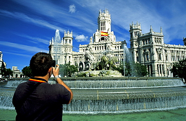 Spain, Madrid, The Cybeles Fountain & Postal Museum Being Photografied With A Phone Camera