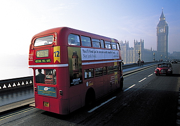 UK, London, Doubledeccker On Westminster Bridge & Big Ben At Back