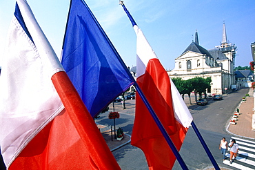 France, Touraine, Indreetloire (37), City Of Richelieu Built By Cardinal Richelieu In Xviith Century, French Flags At The City Hall Square