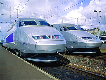 France, Pays De La Loire, Loire Atlantique (44), Nantes, At The Railway Station Two Tgv Trains Engines (High Speed West Train)