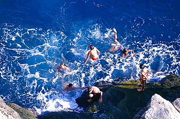 Croatia, Dalmatia, Dalmatian Coast, Fortified City Of Dubrovnik, Children Bathing In The Adriatic Sea, View From The Ramparts