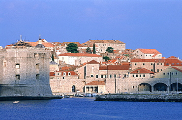 Croatia, Dalmatia, Dalmatian Coast, Fortified City Of Dubrovnik, The Old City And Harbour, St Johns Fortress On Leftside